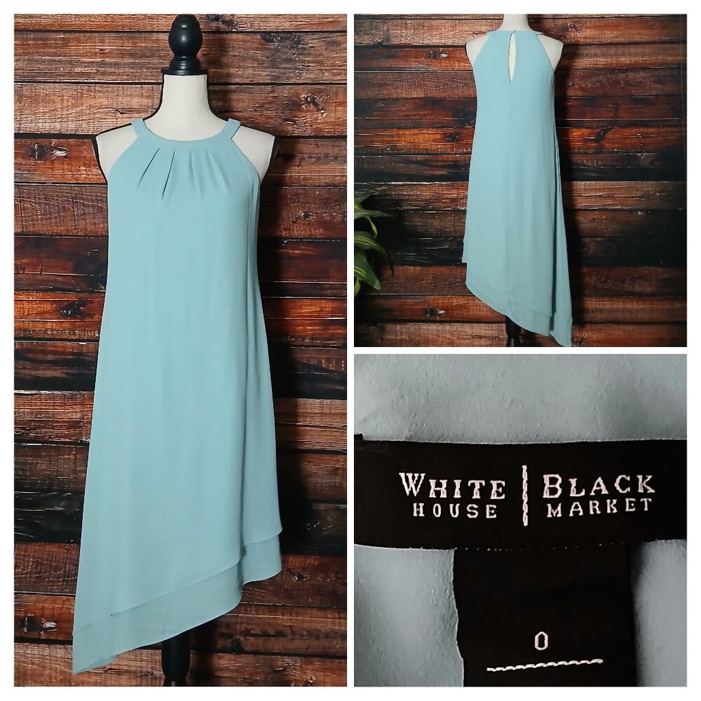 White House Black Market Dress 0 Asymmetrical Halter Light Teal Layered